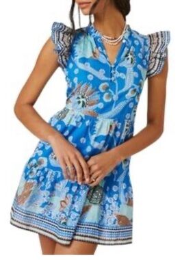 Omika Bright Blue Floral Mini Dress with Ruffle Sleeves